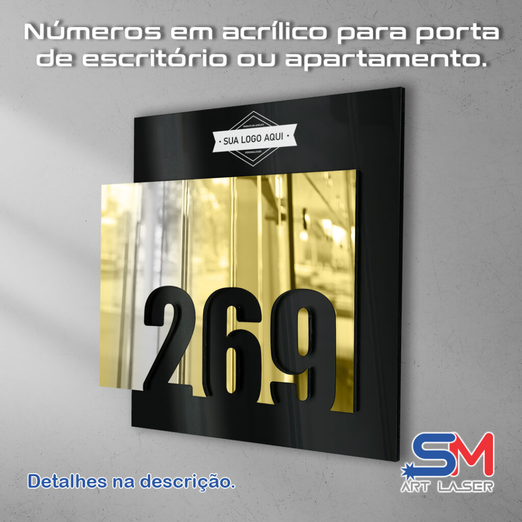 Placa números em acrílico para porta de escritório ou apartamento.